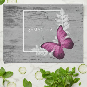 Papillon rose serviette de cuisine rustique