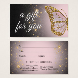papillon rose sur carte cadeau design noir