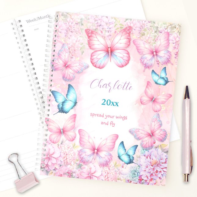 Papillon rose violet coloré Floral Nom de la fille (Butterfly Pink Purple Colorful Floral Girly Name Planner)