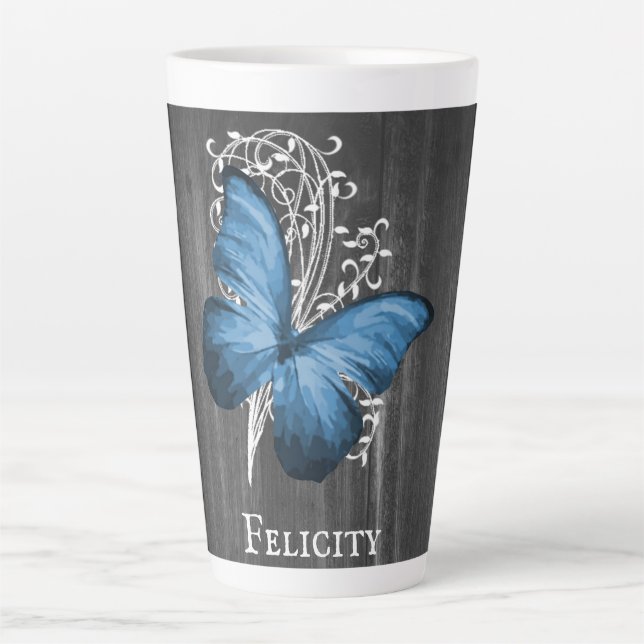 Papillon rustique bleu Mug Latte personnalisée (Devant)