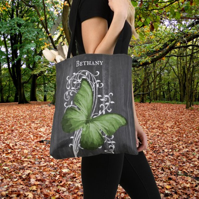 Papillon rustique vert Sac fourre-tout personnalis (Green Rustic Butterfly Personalized Tote Bag)
