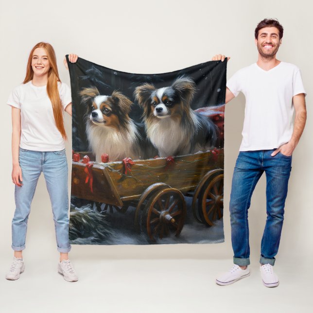 Papillon Snowy Sleigh Christmas Decor  Fleece Blanket (In Situ)
