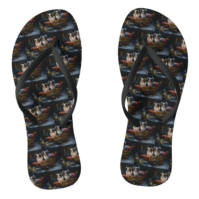 Papillon Snowy Sleigh Christmas Decor  Flip Flops (Footbed)