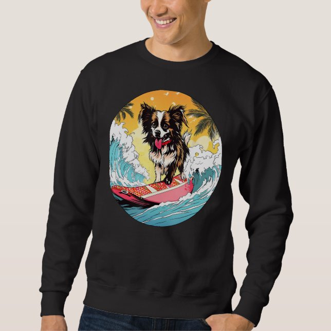 Papillon Surfing Funny Dog Beach Sweatshirt (Front)