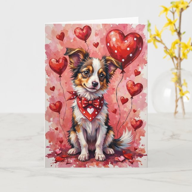 Papillon Valentine’s Day Dog with Hearts Red Card (Yellow Flower)