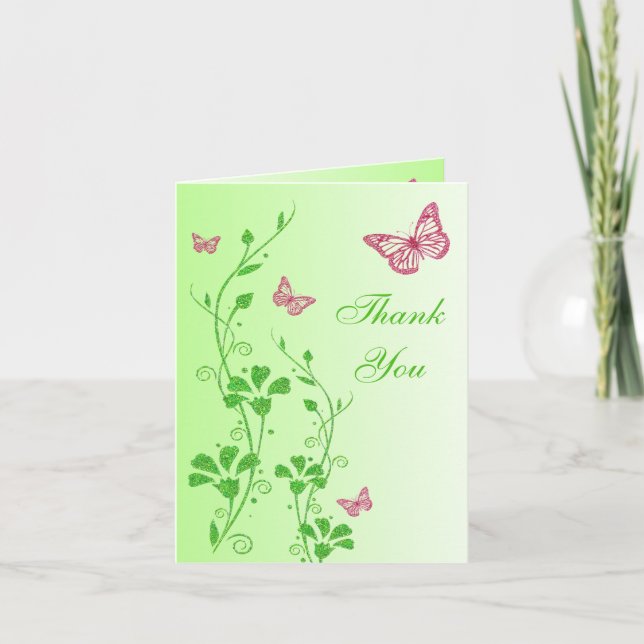 Papillon vert rose Floral Merci Carte de note (Devant)