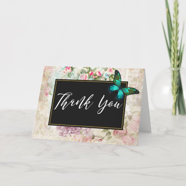 Papillon vert sur chic Vintage Collage Merci (Devant)