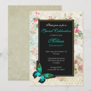 Papillon vert sur rose Roses Collage Invitation d'