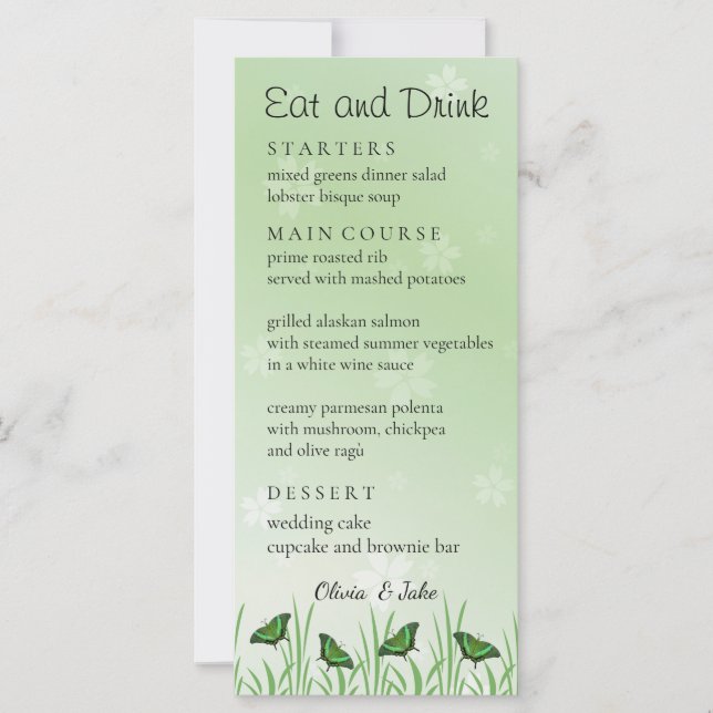 Papillon vert sur vert clair - carte menu (Devant)