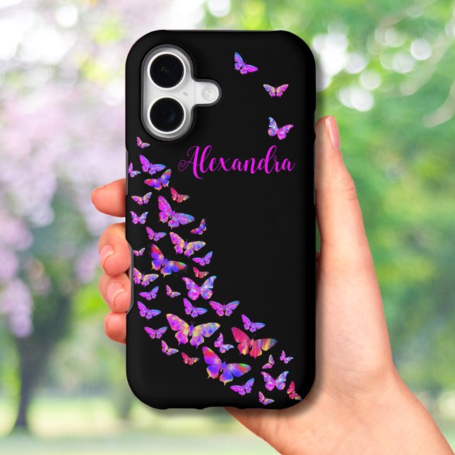 Papillon Vibrant Personnalisé Rose Violet Noir (Personalized name Bold vibrant butterfly art stylish modern pink purple black iPhone case)