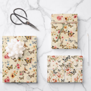 Papillon vintage et fleurs 3 feuilles plates Envel
