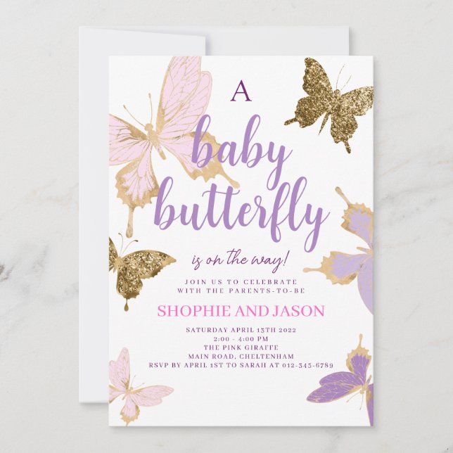 Papillon violet Baby shower Invitation fille (Devant)