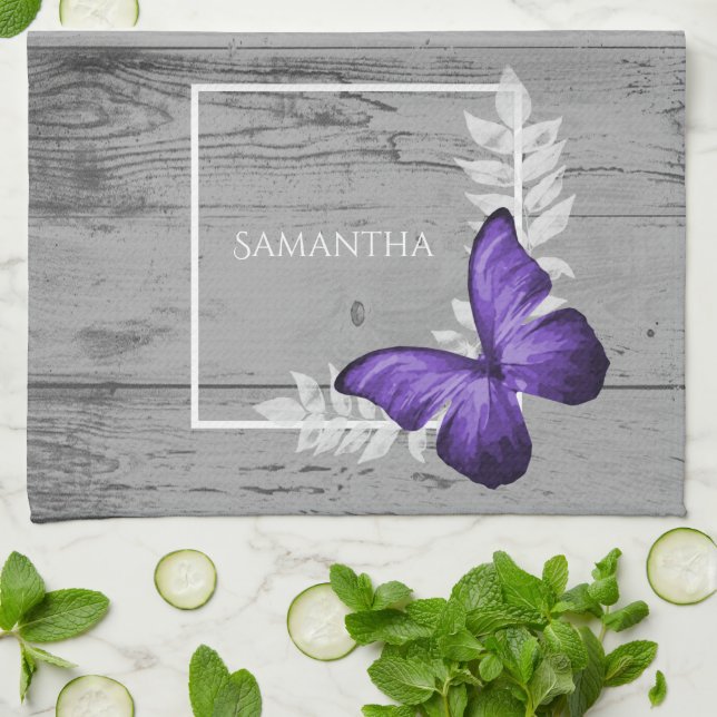 Papillon violet serviette de cuisine rustique (Plié)