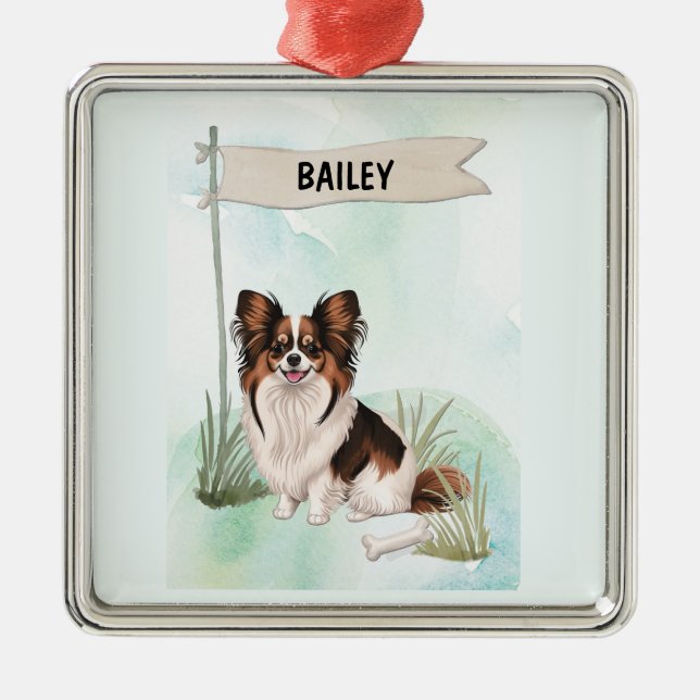 Papillon Watercolor Personalized Dog Metal Ornament (Front)