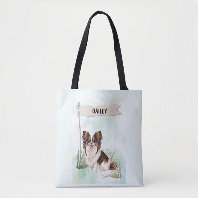 Papillon Watercolor Personalized Dog Tote Bag (Front)