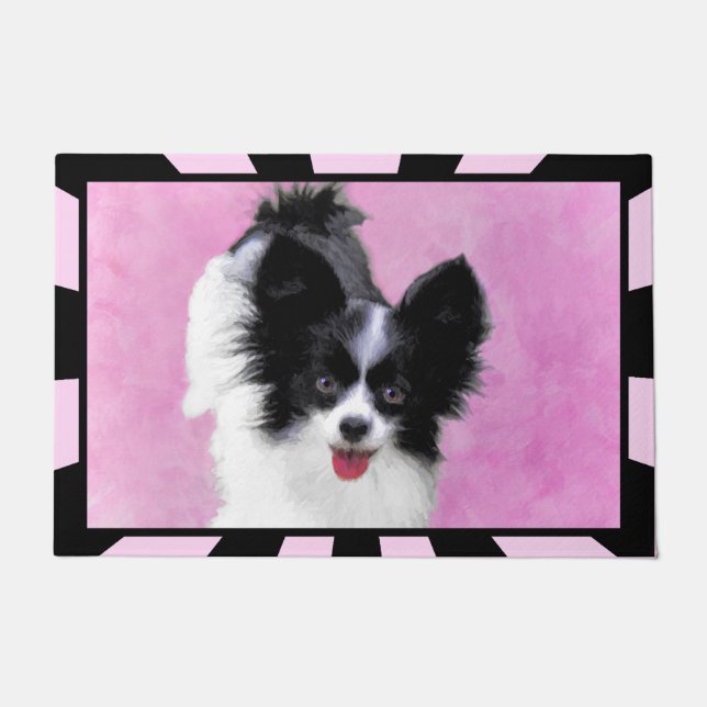 Papillon (White and Black) Painting - Dog Art Doormat (Front)