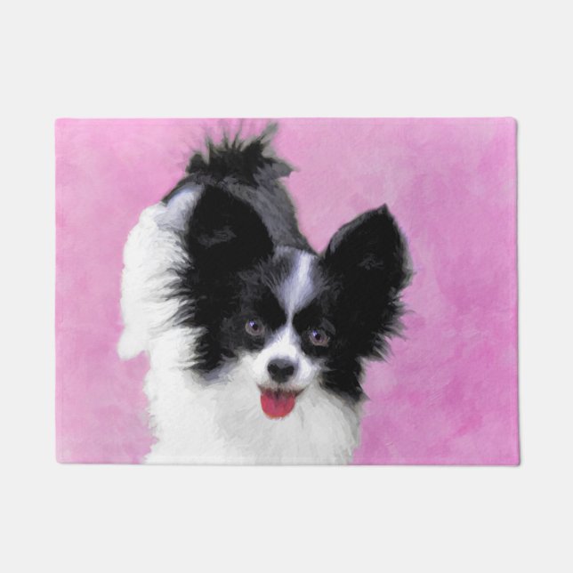 Papillon (White and Black) Painting - Dog Art Doormat (Front)