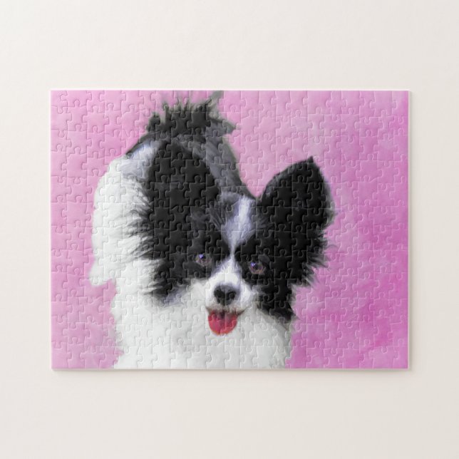 Papillon (White and Black) Painting - Dog Art Jigsaw Puzzle (Horizontal)