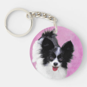 Papillon (White and Black) Painting - Dog Art Keychain