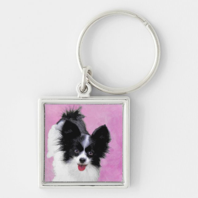 Papillon (White and Black) Painting - Dog Art Keychain (Front)