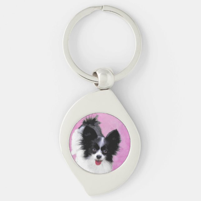 Papillon (White and Black) Painting - Dog Art Keychain (Front)