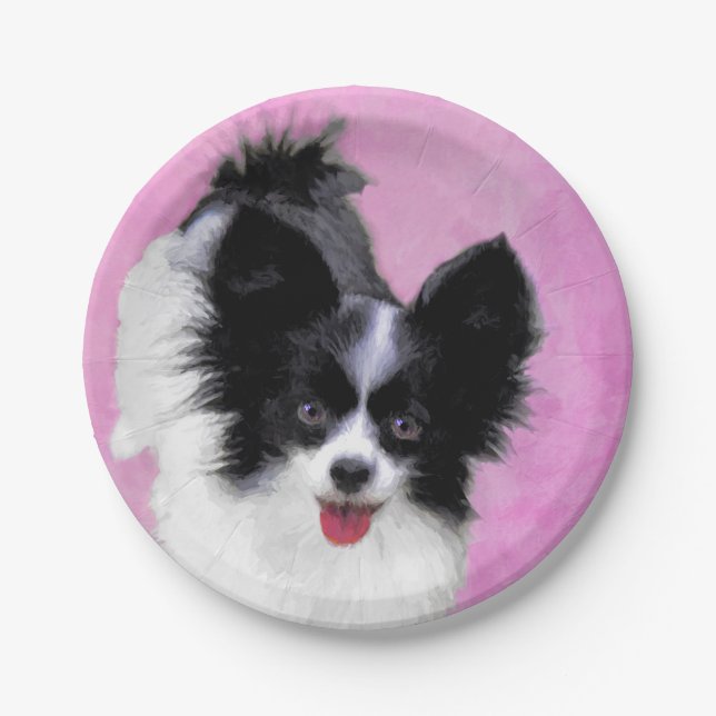 Papillon (White and Black) Painting - Dog Art Paper Plate (Front)