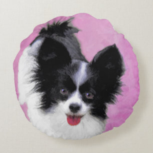 Papillon (White and Black) Painting - Dog Art Round Pillow