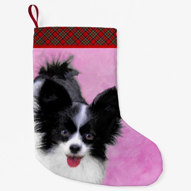 Papillon (White and Black) Painting - Dog Art Small Christmas Stocking (Front)