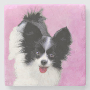 Papillon (White and Black) Painting - Dog Art Stone Coaster