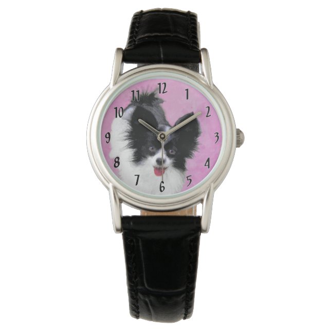 Papillon (White and Black) Painting - Dog Art Watch (Front)
