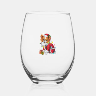 Papillon Xmas Lighting Santa Papillon Dog Christma Stemless Wine Glass