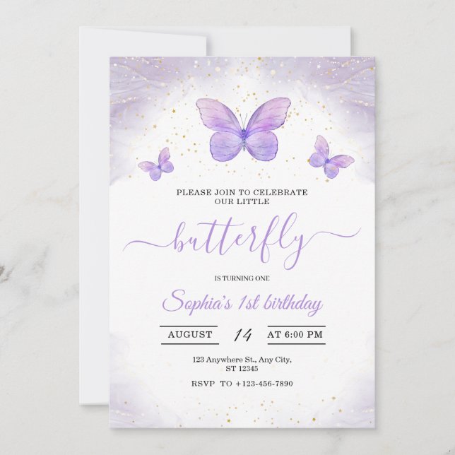 Papillons 1er anniversaire Invitation Filles Anniv (Devant)