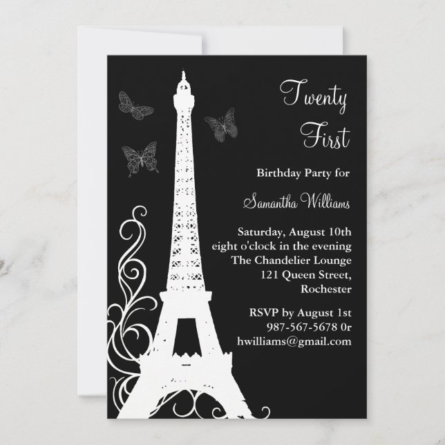 Papillons à Paris 21e anniversaire noir Invitation (Devant)