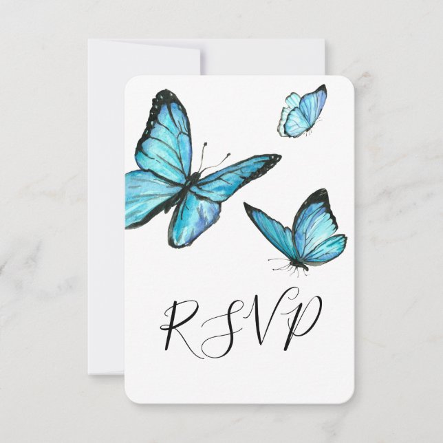 Papillons aquarelle bleus mariage RSVP (Devant)