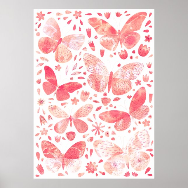 Papillons Aquarelle Corail Rose Poster (Devant)