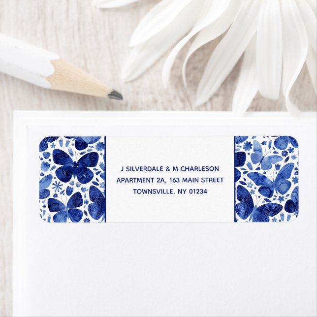 Papillons Aquarelle Indigo Blue Adresse de retour (En situation)