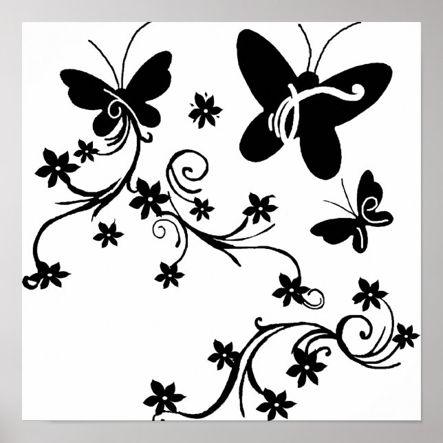 Papillons aux fleurs noir et blanc poster (Devant)