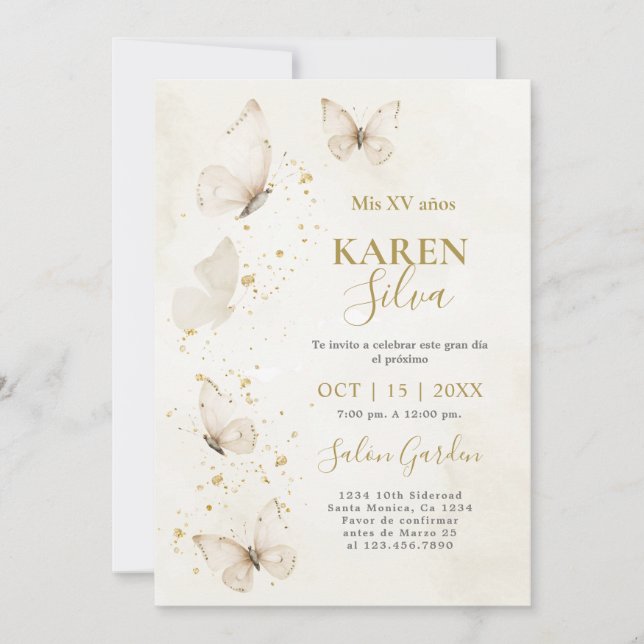 Papillons beige et or Quinceañera Invitation (Devant)
