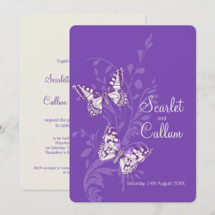 Papillons blanc pourpre crème invitations mariage