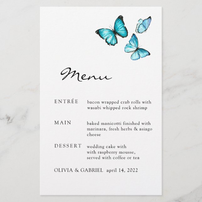 Papillons bleu aquarelle. Menu mariage élégant (Devant)