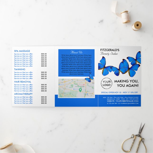 Papillons bleus, Beauté Salon Tri-Fold Flyer (Extérieur)