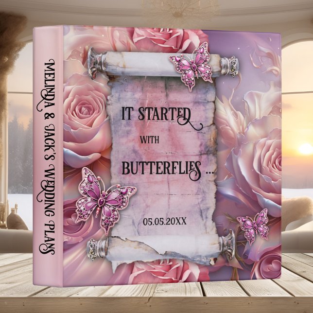 Papillons Bohémiens rose Mariage Plans Classeur (Bohemian wedding binder featuring a pink and lilac design with roses and butterflies)
