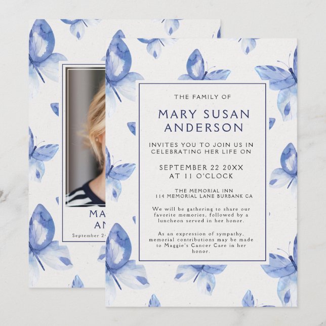 Papillons commémoratifs funéraires Faire-part phot (Devant / Derrière)