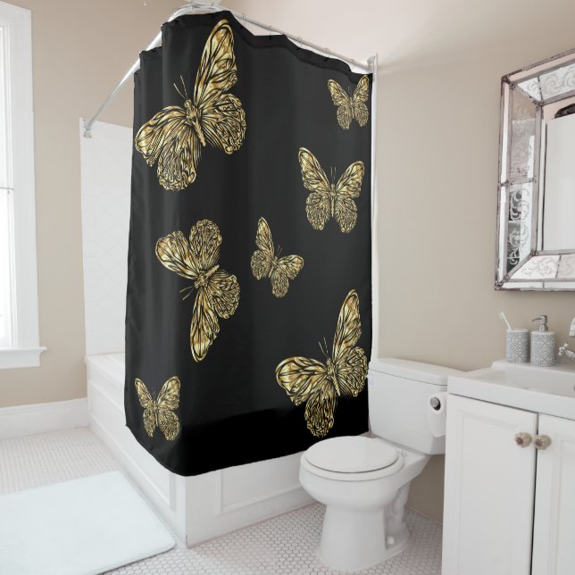 Papillons en or étincelant au rideau de douche noi (En situation)