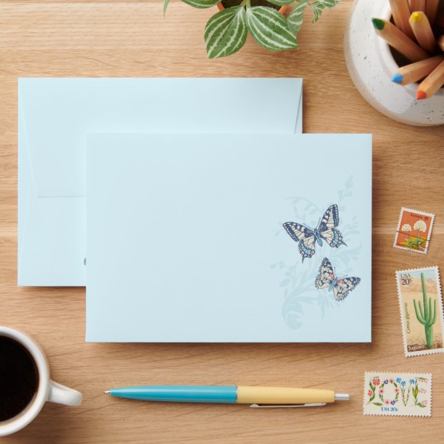 Papillons encrés enveloppe mariage bleue (Desk)