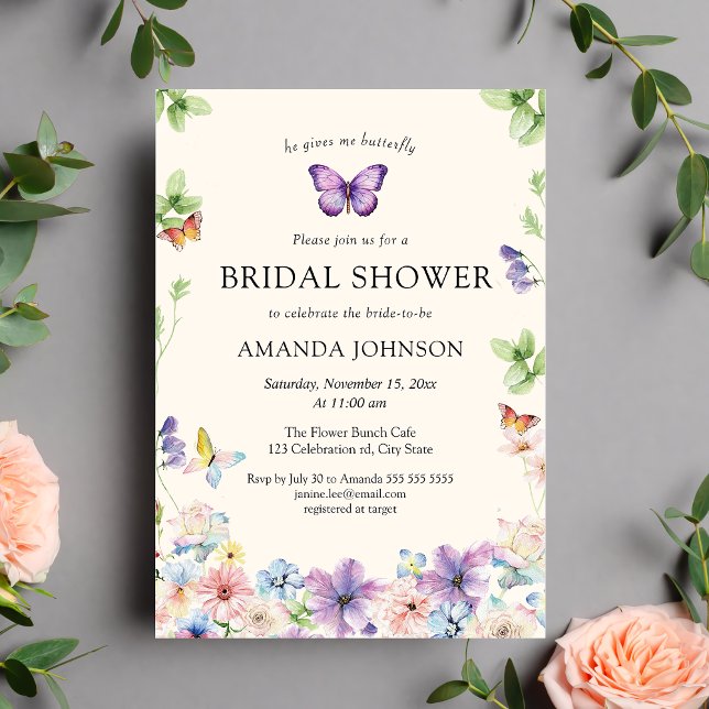 Papillons et Fleur sauvage Invitation à la douche  (Créateur téléchargé)