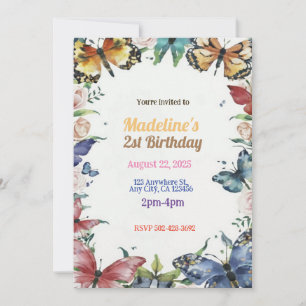 Papillons et fleurs Invitation fête d'anniversaire