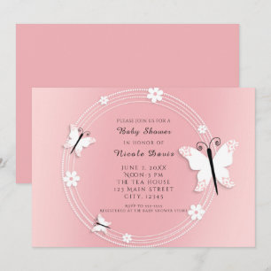 Papillons et fleurs roses et blanches Invitations