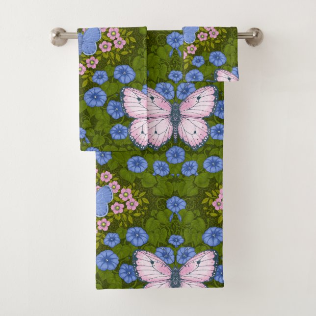 Papillons et symétrie des fleurs, bleu et rose (En situation)