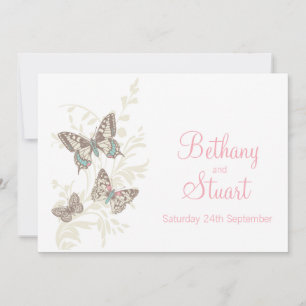 Papillons faire-part de mariage crème blanche rose